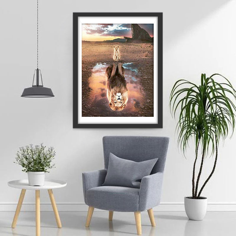 Het Luipaardwelpje en de Weerspiegeling van de Grote Leeuw in het water Diamond Painting