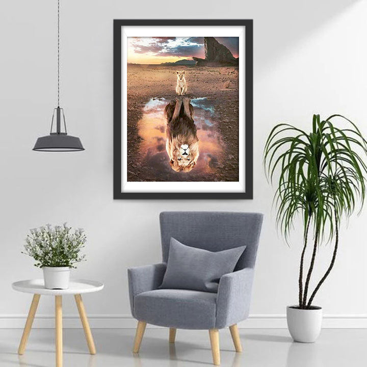 Het Luipaardwelpje en de Weerspiegeling van de Grote Leeuw in het water Diamond Painting