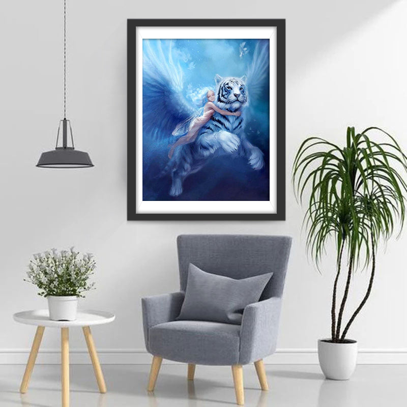 Het Meisje Leunt op de Tijger met Vleugels Diamond Painting