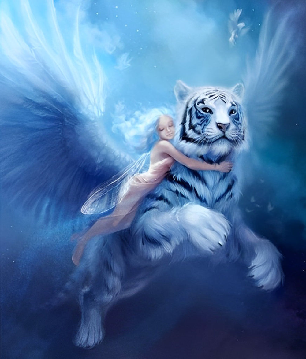 Het Meisje Leunt op de Tijger met Vleugels Diamond Painting
