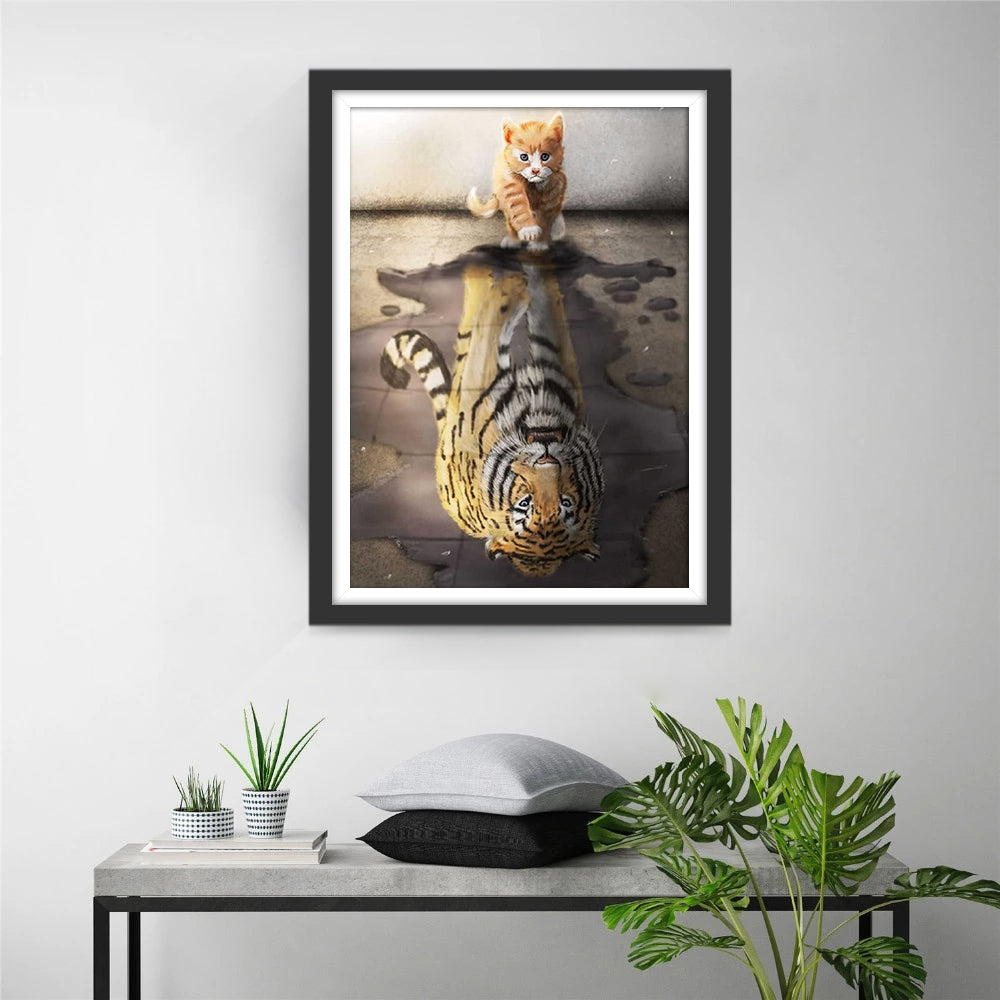 Het Poesje en de Weerspiegeling van de Tijger in het Water Diamond Painting