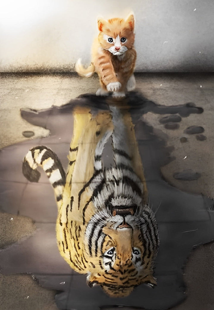 Het Poesje en de Weerspiegeling van de Tijger in het Water Diamond Painting