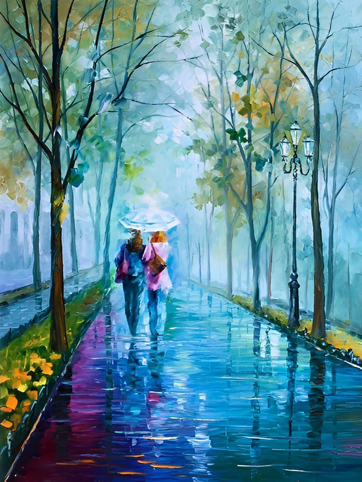 Het Regenpad met het Koppeltje en de Paraplu Diamond Painting