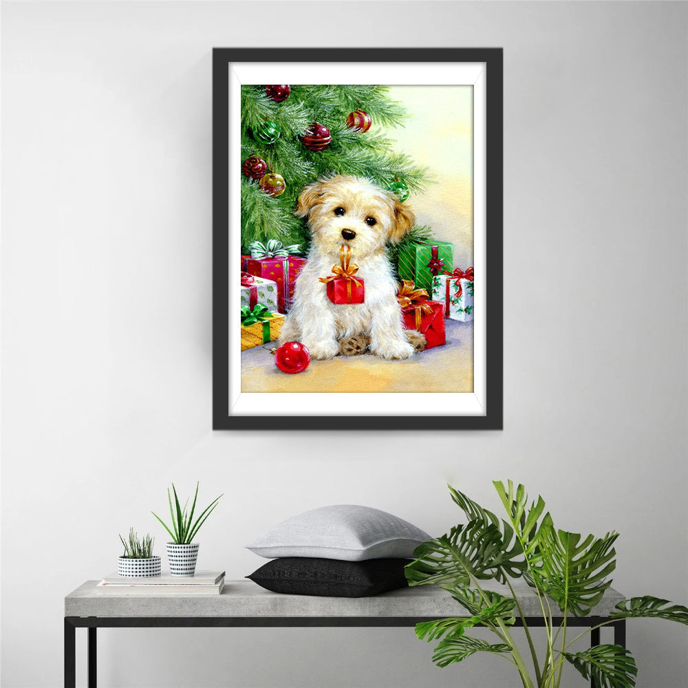Het Schattige Hondje bij de Kerstboom Diamond Painting