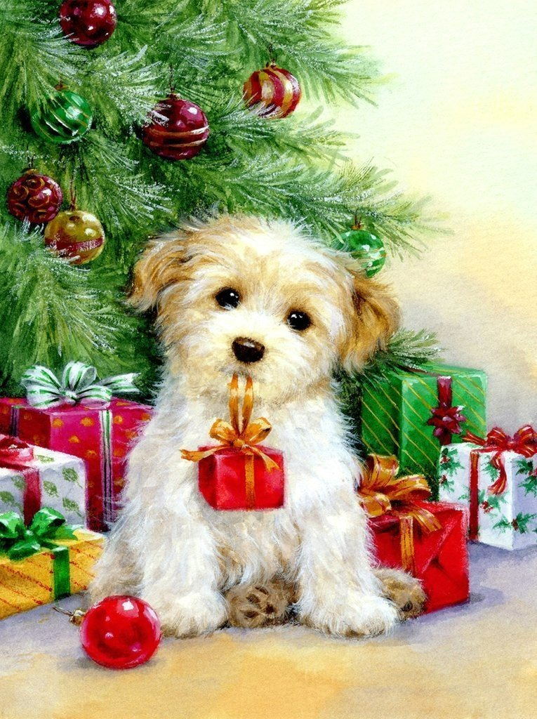 Het Schattige Hondje bij de Kerstboom Diamond Painting