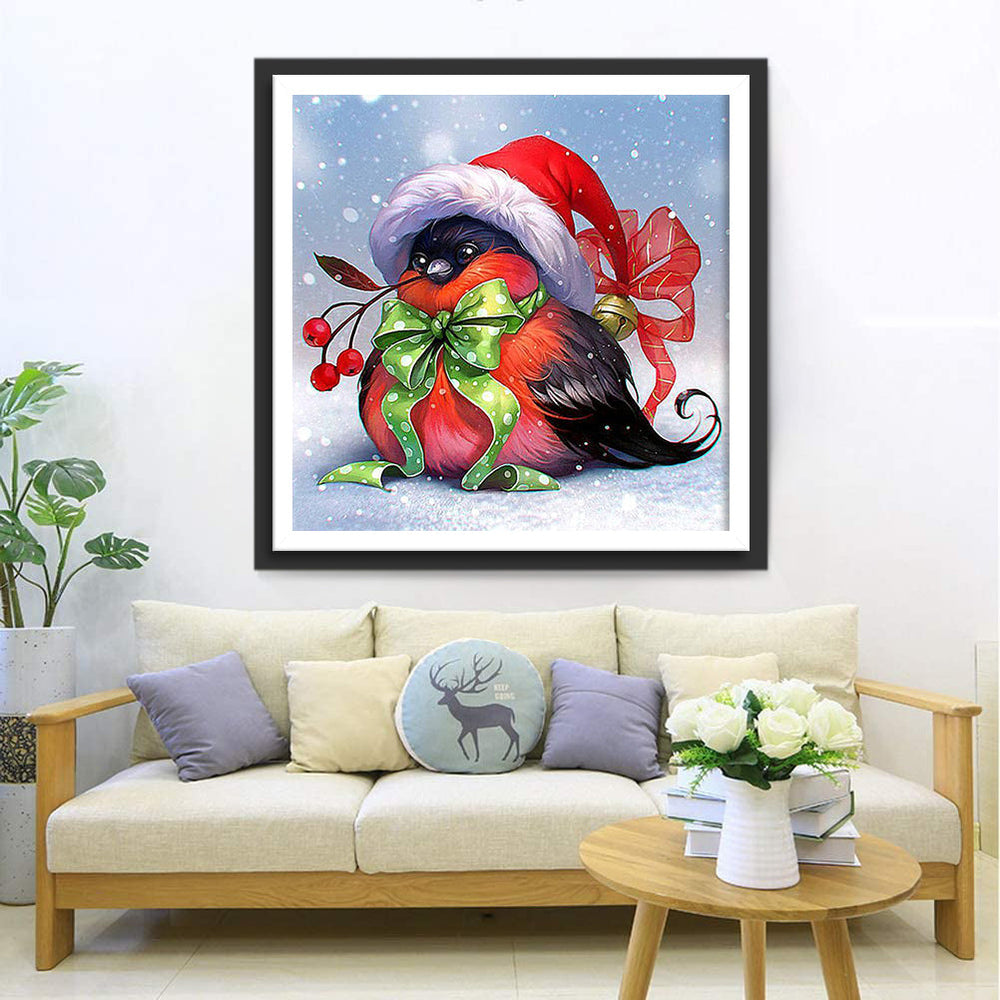 Het Schattige Vogeltje in Kerstmuts en met Groene Strik Diamond Painting