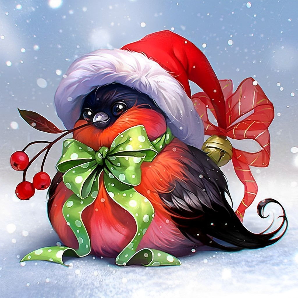 Het Schattige Vogeltje in Kerstmuts en met Groene Strik Diamond Painting