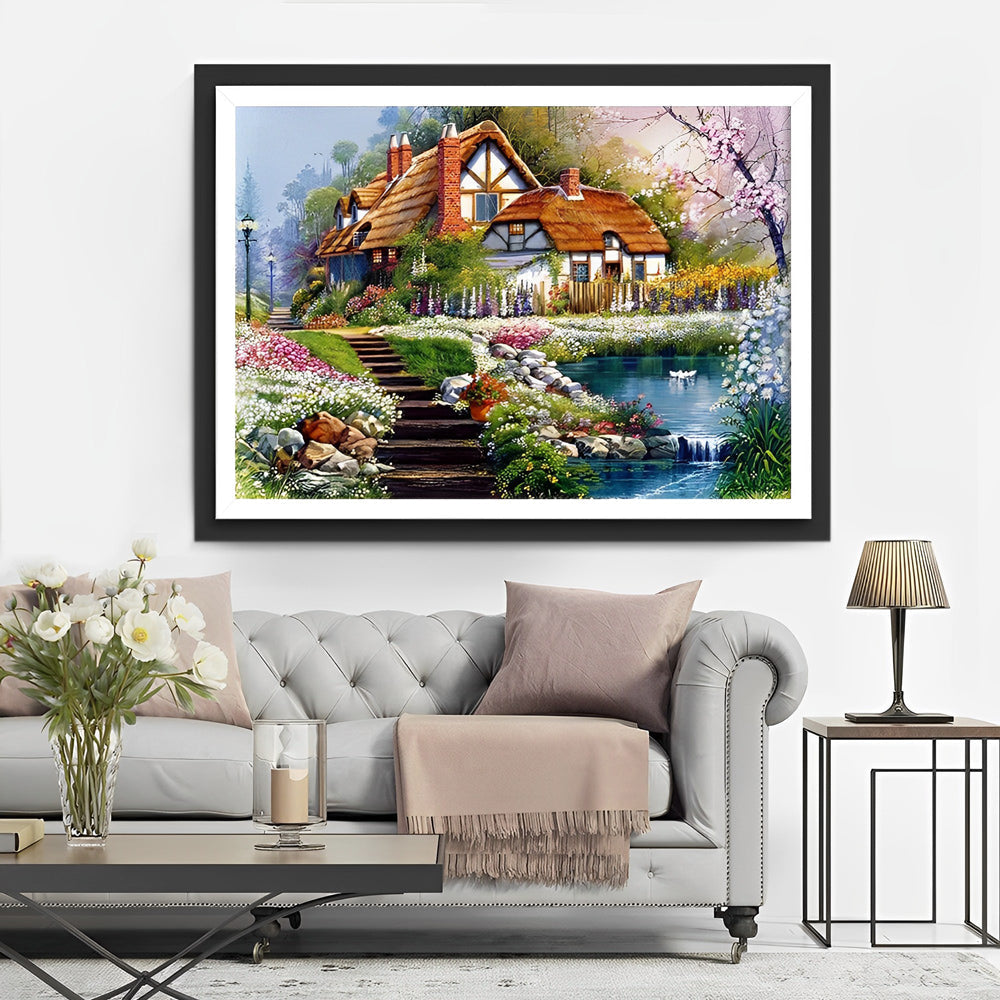 Het Schilderachtige Landhuis met Kleurrijke Tuin Diamond Painting