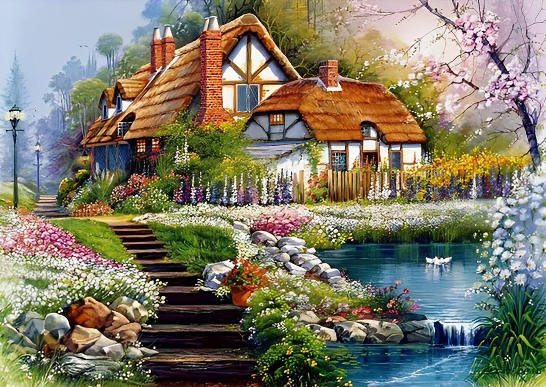 Het Schilderachtige Landhuis met Kleurrijke Tuin Diamond Painting