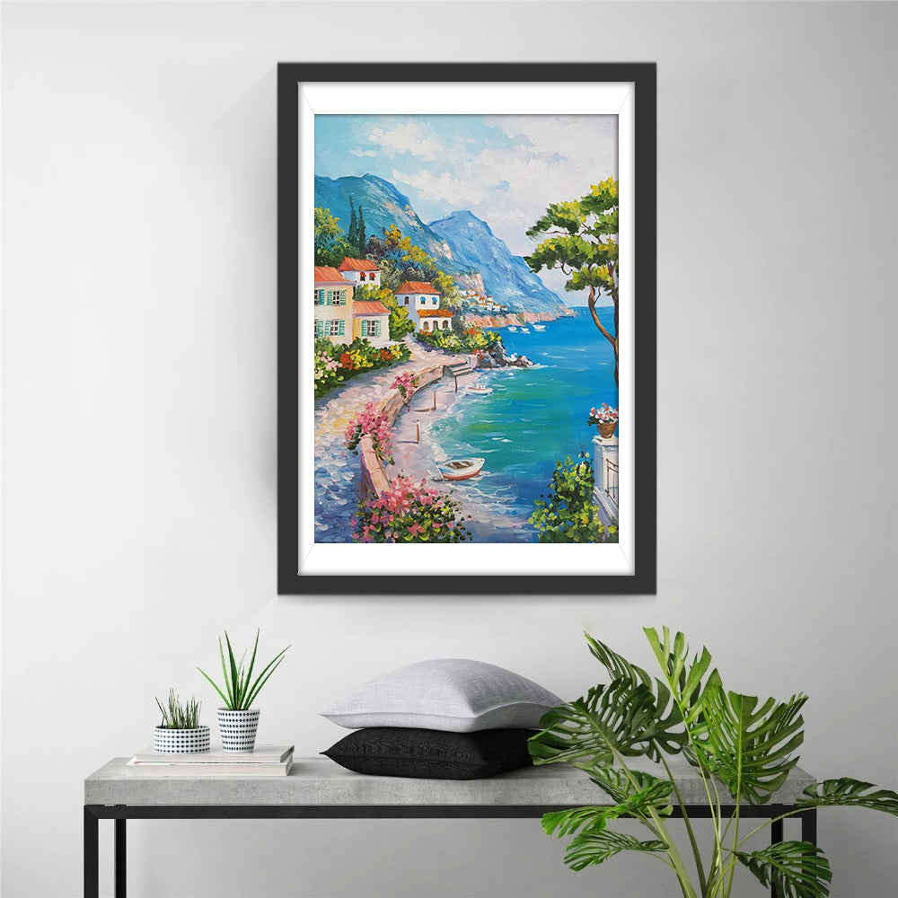Het Schitterende Beeld van de Baai met Huizen en Bomen Diamond Painting