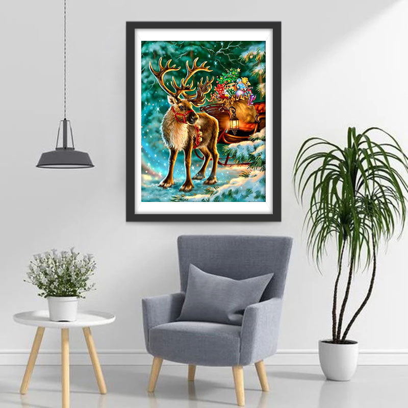 Het Trekkende Rendier met de Kerstgeschenkslee Diamond Painting