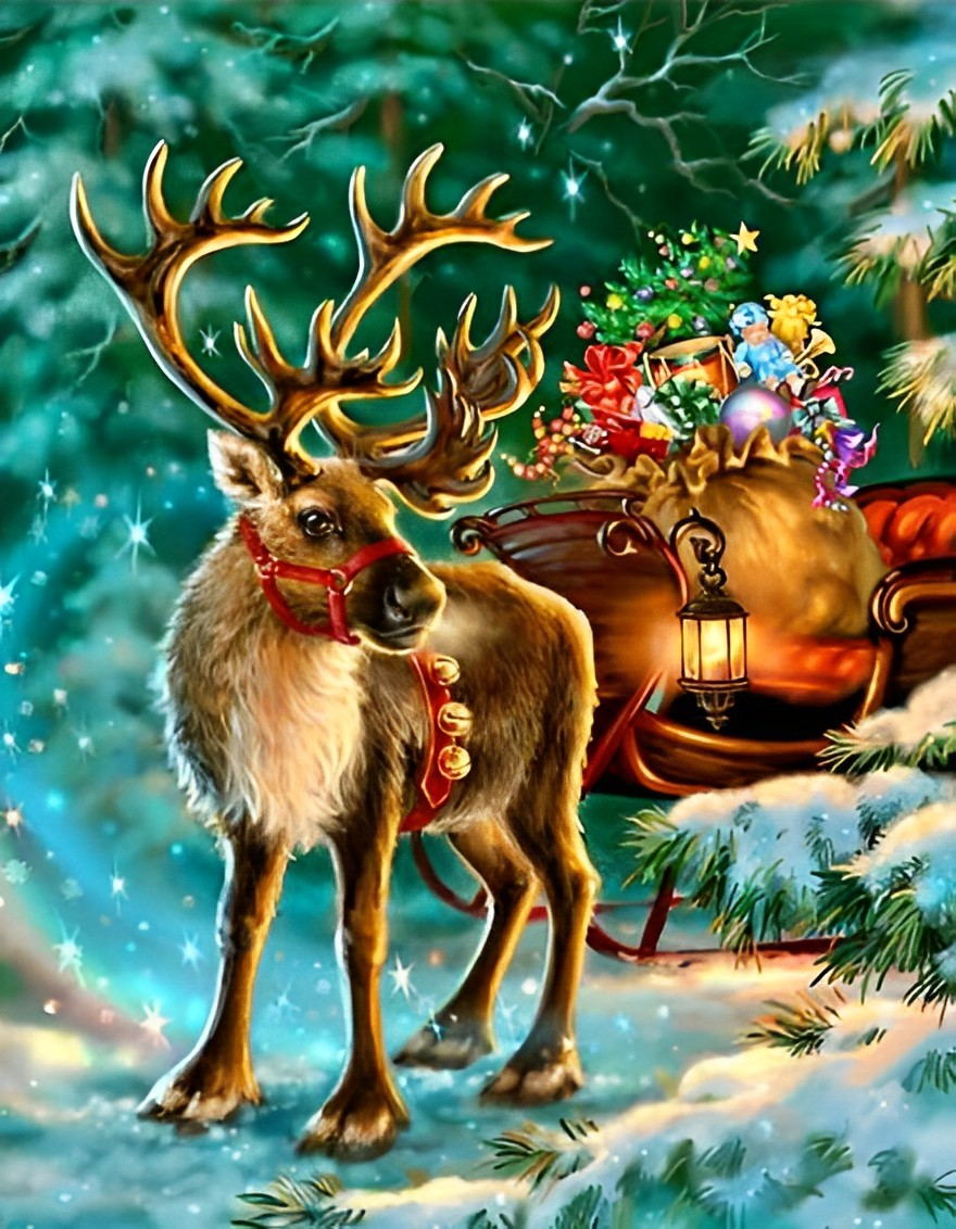 Het Trekkende Rendier met de Kerstgeschenkslee Diamond Painting