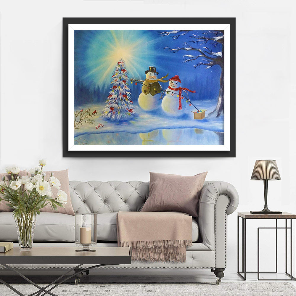 Het Vrolijke Sneeuwpaartje bij de Kerstboom Diamond Painting