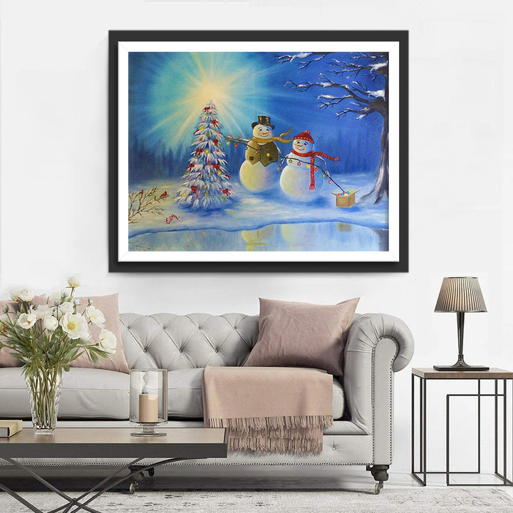 Het Vrolijke Sneeuwpaartje bij de Kerstboom Diamond Painting