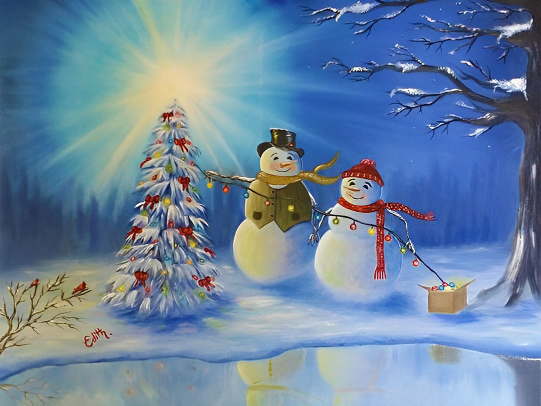 Het Vrolijke Sneeuwpaartje bij de Kerstboom Diamond Painting