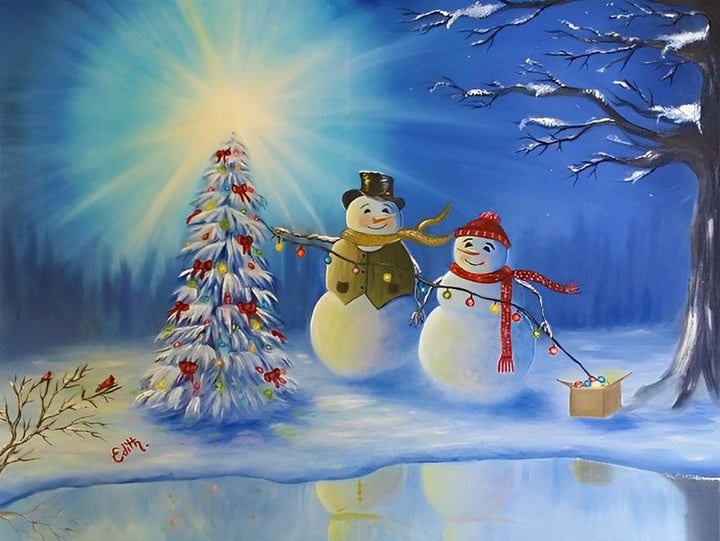 Het Vrolijke Sneeuwpaartje bij de Kerstboom Diamond Painting