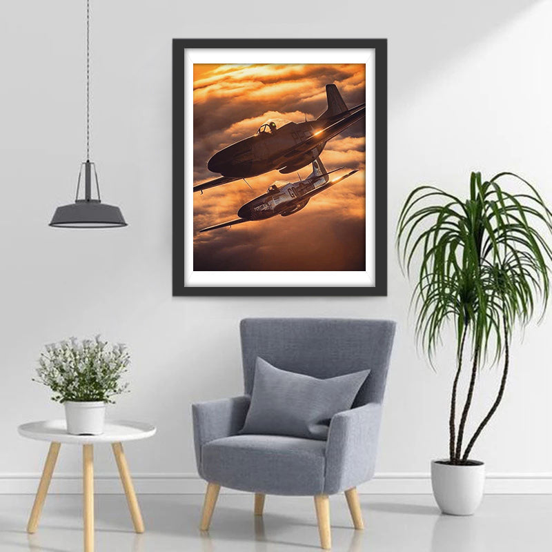 Historische Vliegtuigen in Zonsondergang Diamond Painting