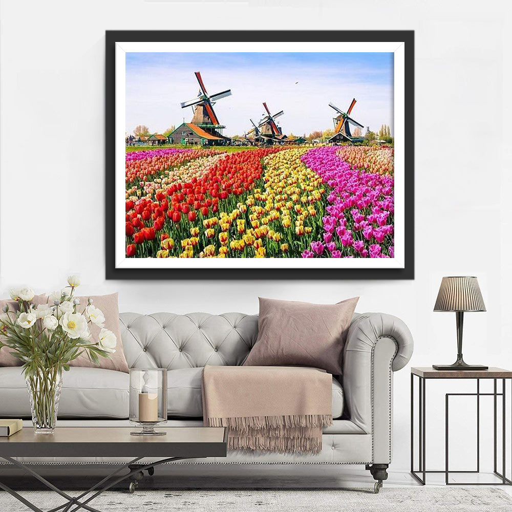 Hollandse Molens tussen Bloemenvelden Diamond Painting