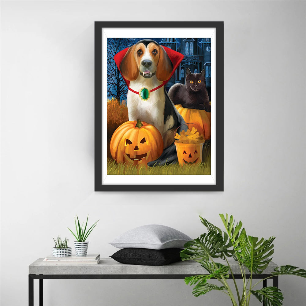Hond als Vampier, Zwarte Kat en Pompoenen Diamond Painting