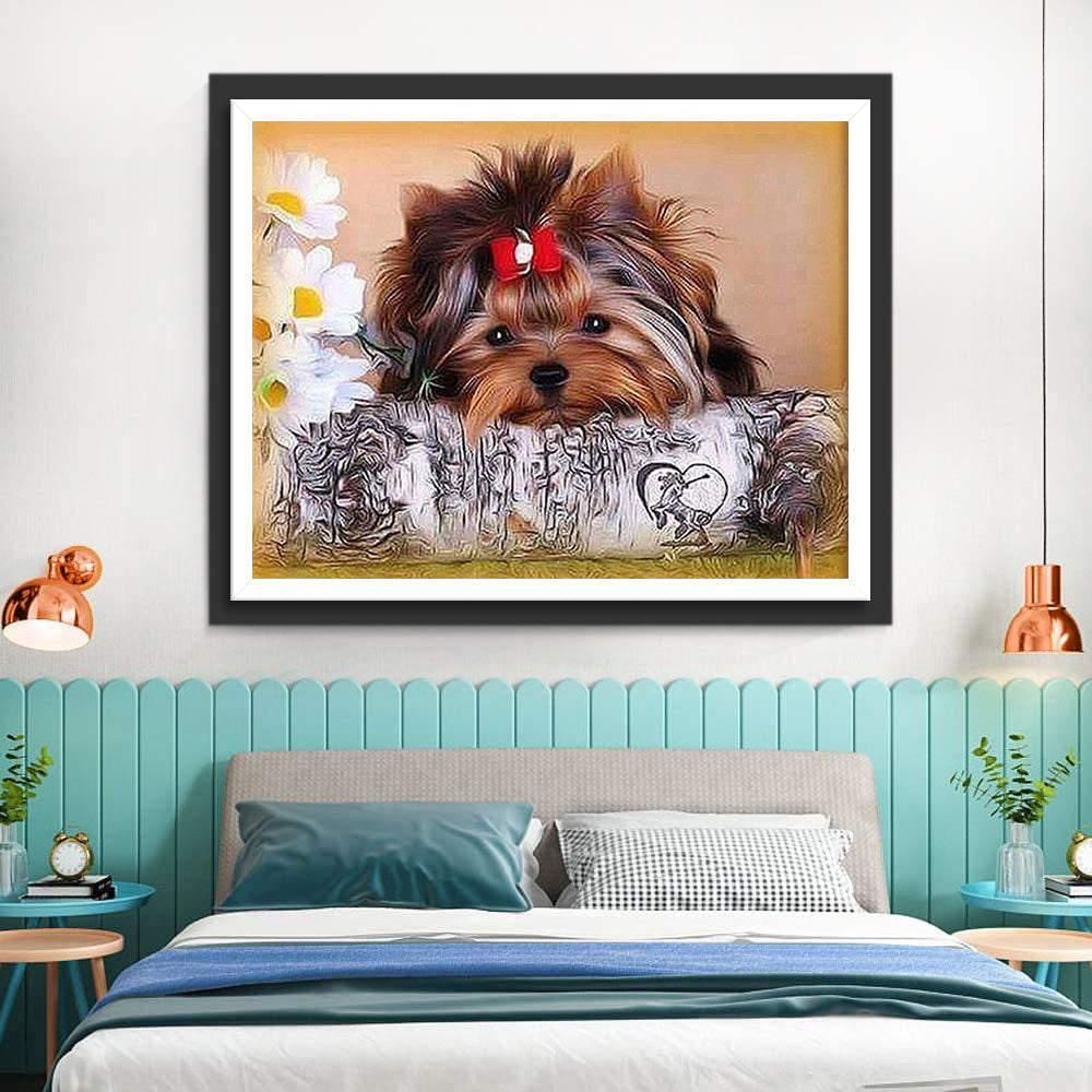 Hond bij de Witte Bloemen Diamond Painting