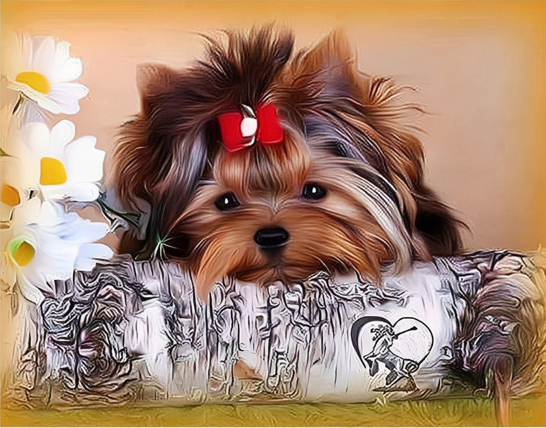 Hond bij de Witte Bloemen Diamond Painting