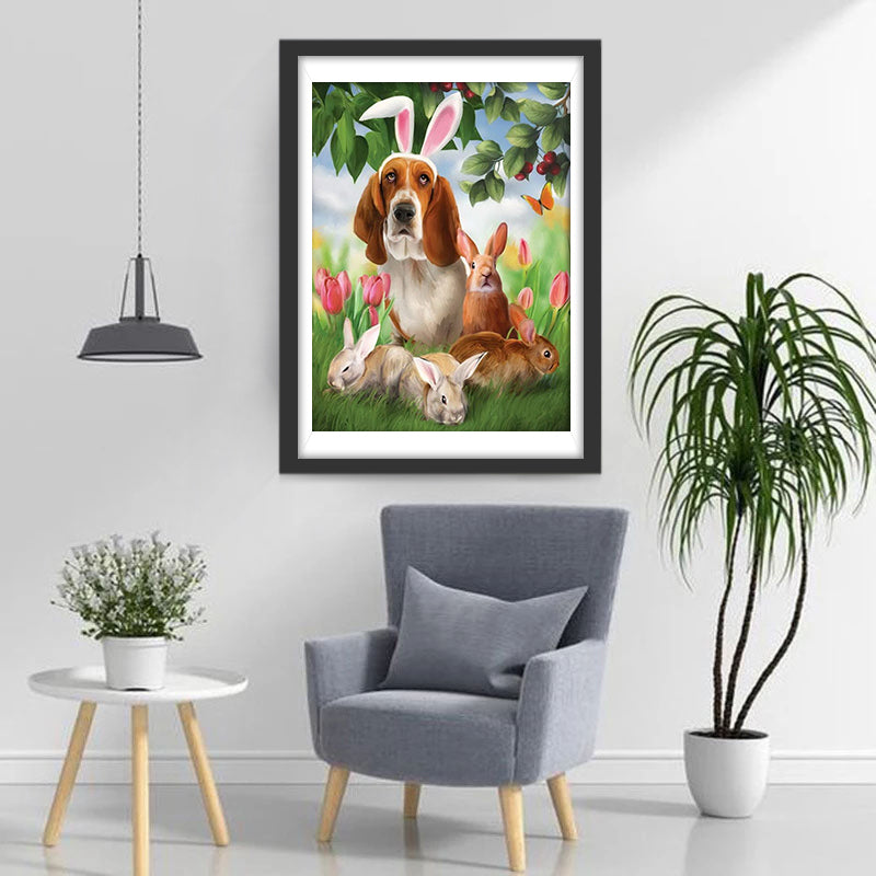 Hond en Konijn in de Tulpenstruiken Diamond Painting