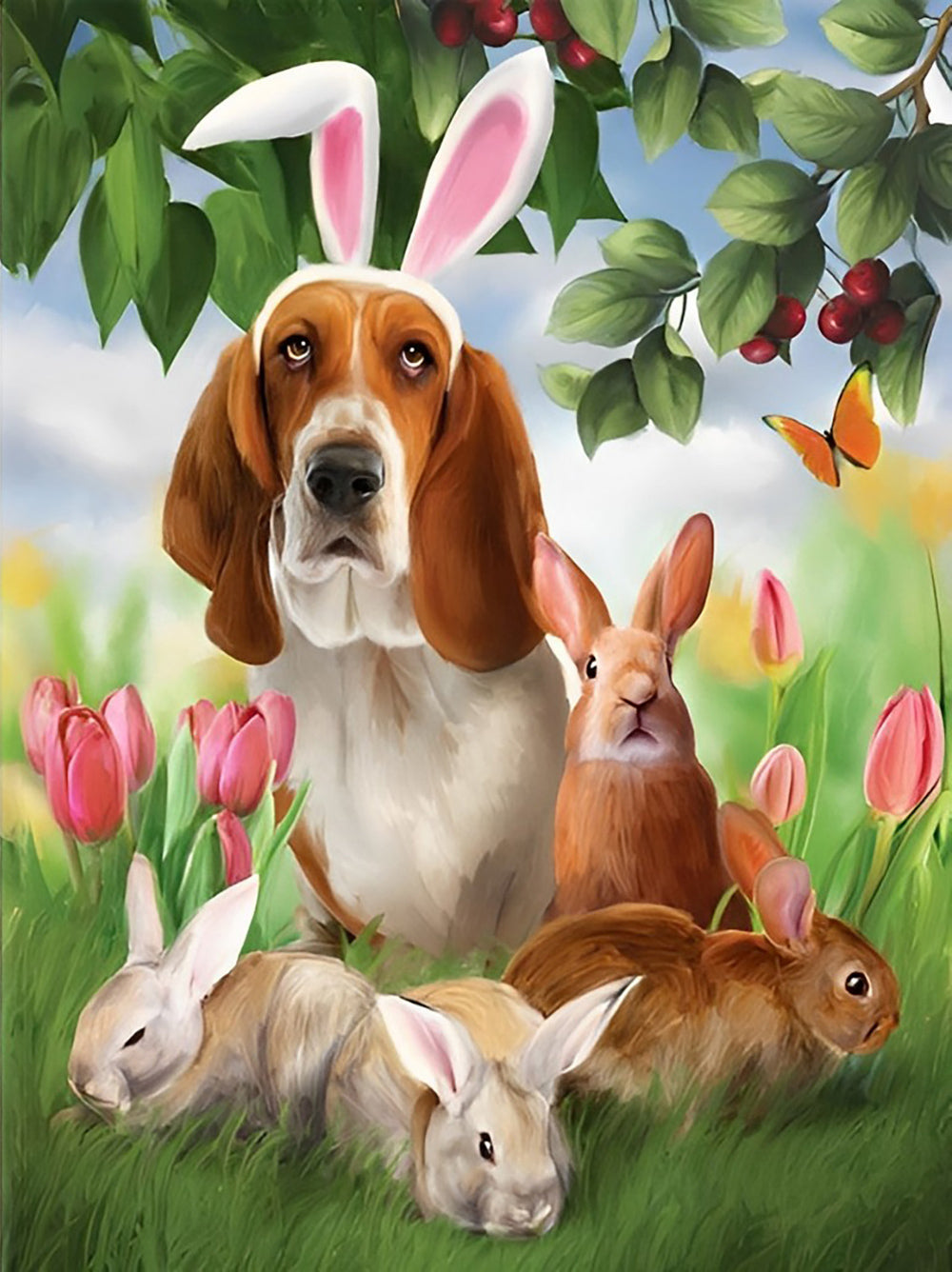 Hond en Konijn in de Tulpenstruiken Diamond Painting
