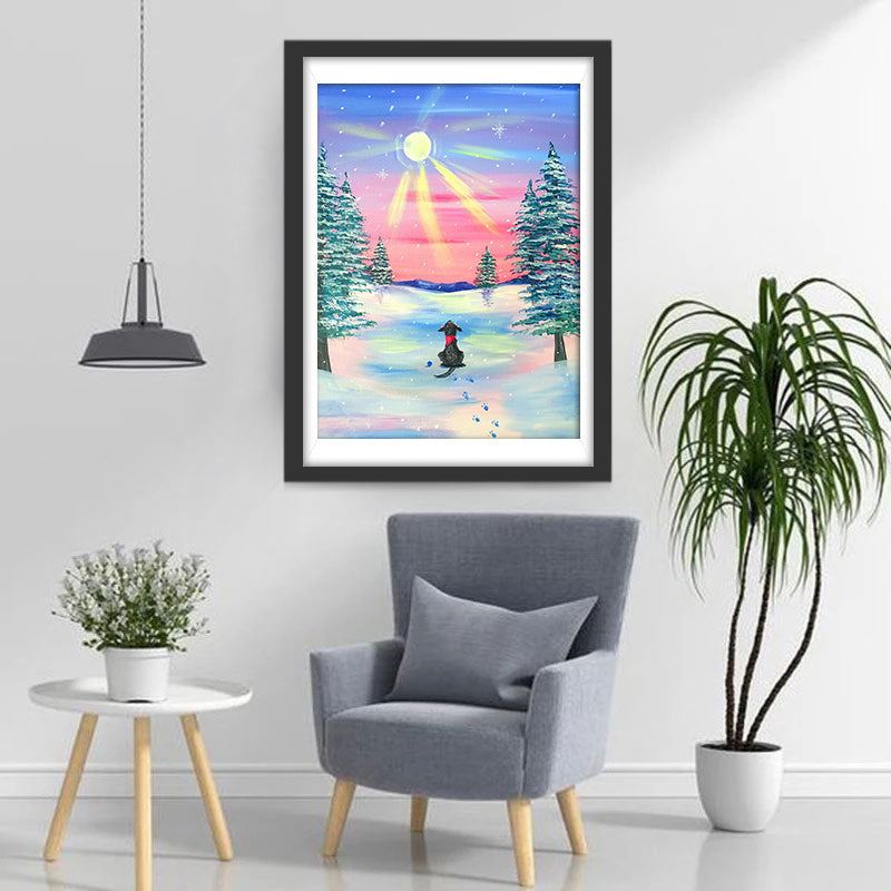 Hond Kijkt naar de Zon in de Sneeuw Diamond Painting