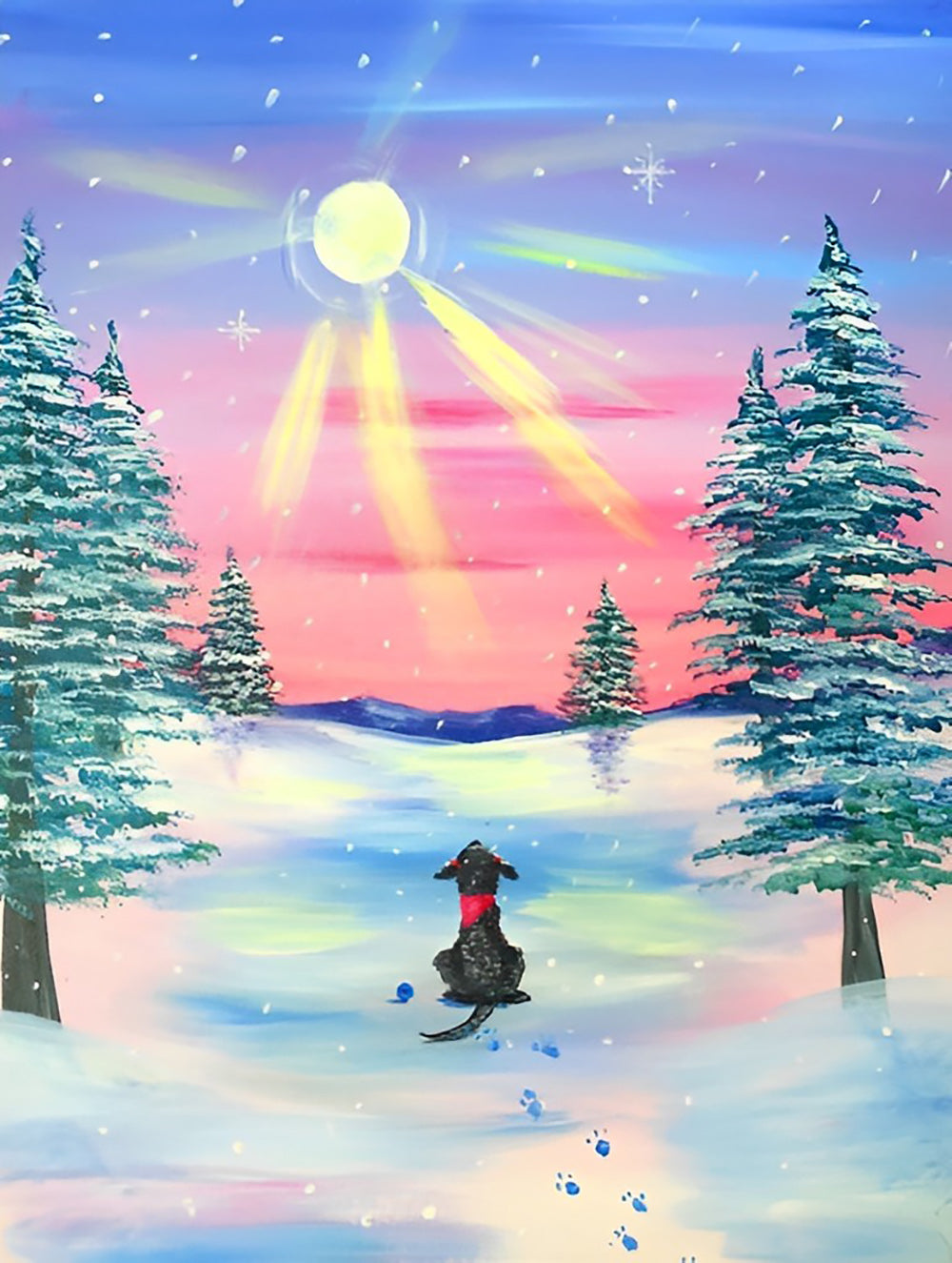 Hond Kijkt naar de Zon in de Sneeuw Diamond Painting