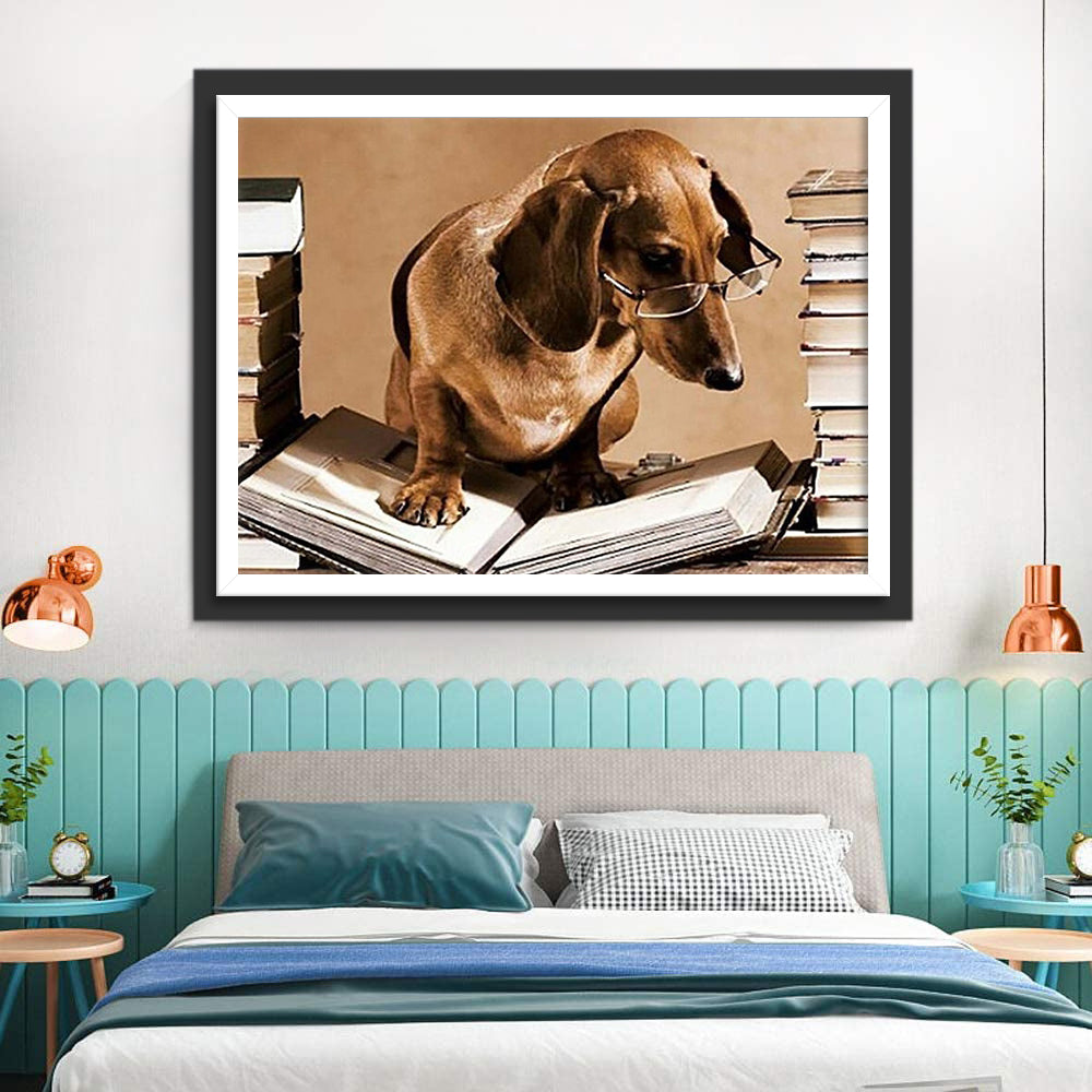 Hond met Bril Leest een Boek Diamond Painting