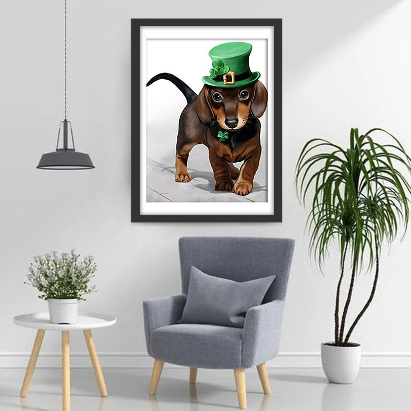 Hond met Groene Bolhoed Diamond Painting