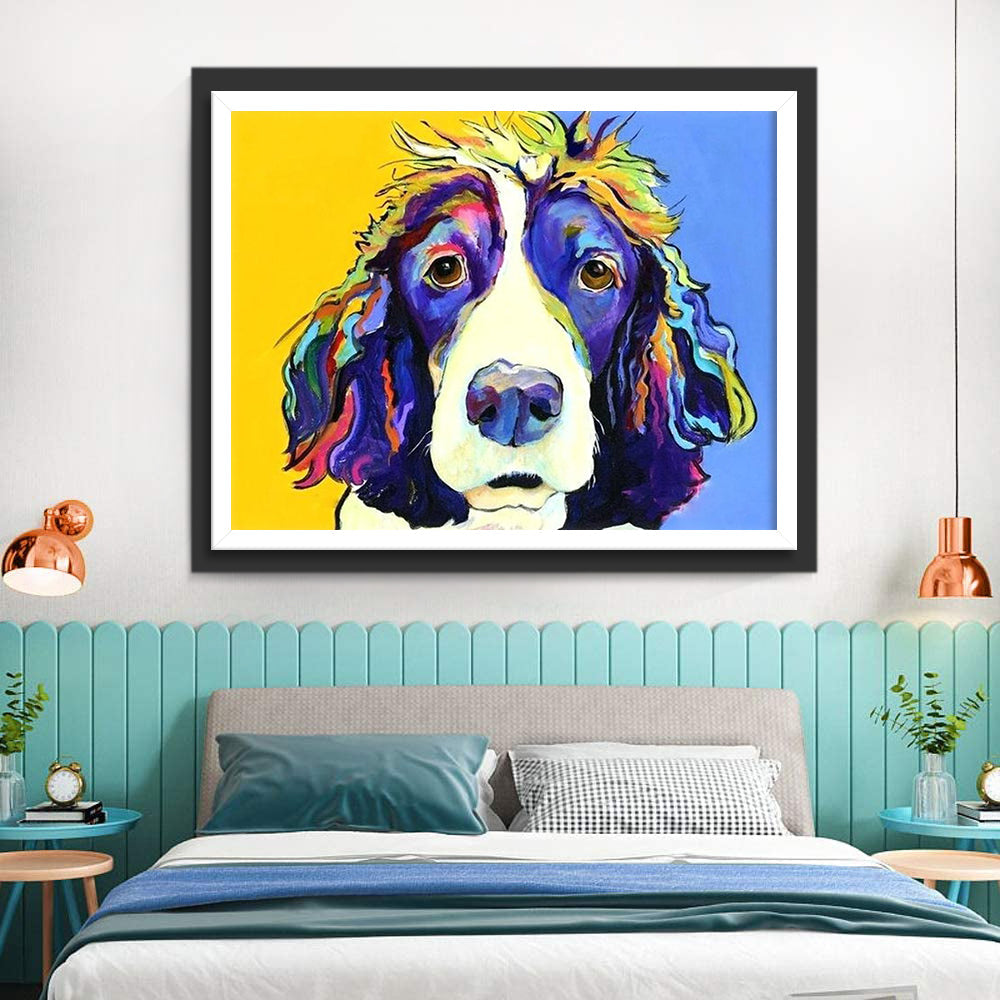 Hond met Kleurrijk Haar op Gele en Blauwe Achtergrond Diamond Painting