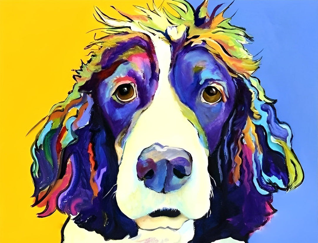 Hond met Kleurrijk Haar op Gele en Blauwe Achtergrond Diamond Painting