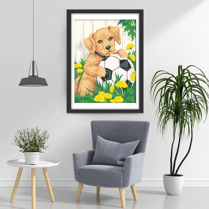 Hond Speelt Voetbal op het Gazon Diamond Painting