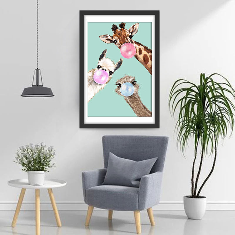 Hond, Struisvogel en Giraffe Blazen Kauwgom Diamond Painting
