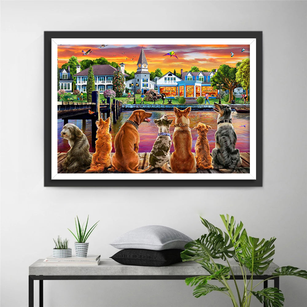 Honden aan de Oevers van een Kleine Stadsrivier Diamond Painting