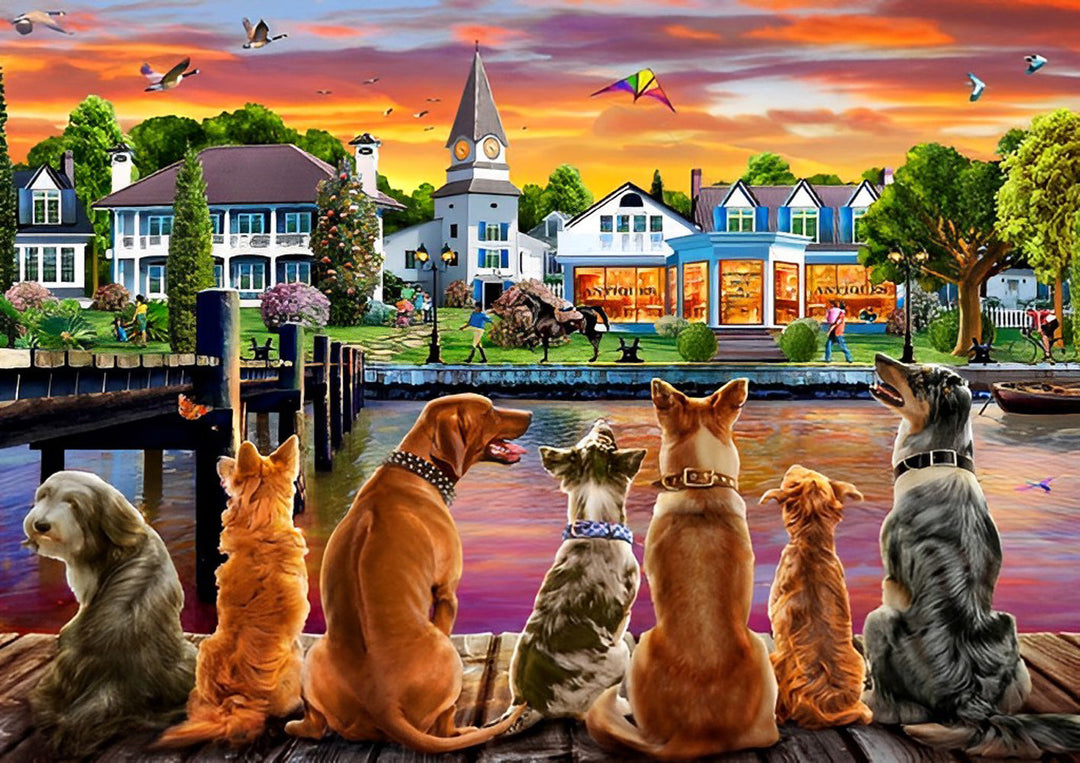 Honden aan de Oevers van een Kleine Stadsrivier Diamond Painting