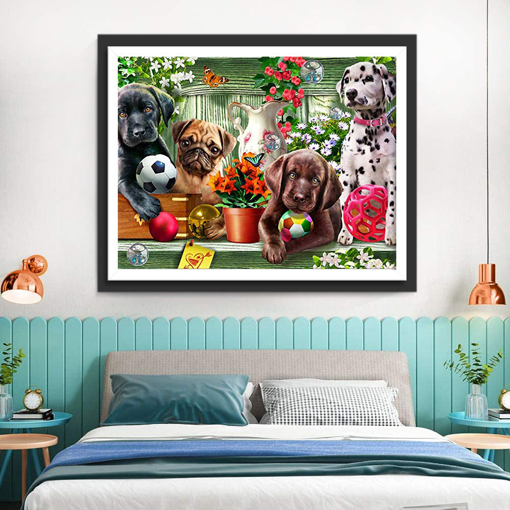 Honden bij de Potbloemen op Tafel Diamond Painting