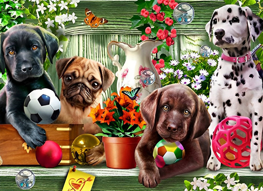 Honden bij de Potbloemen op Tafel Diamond Painting