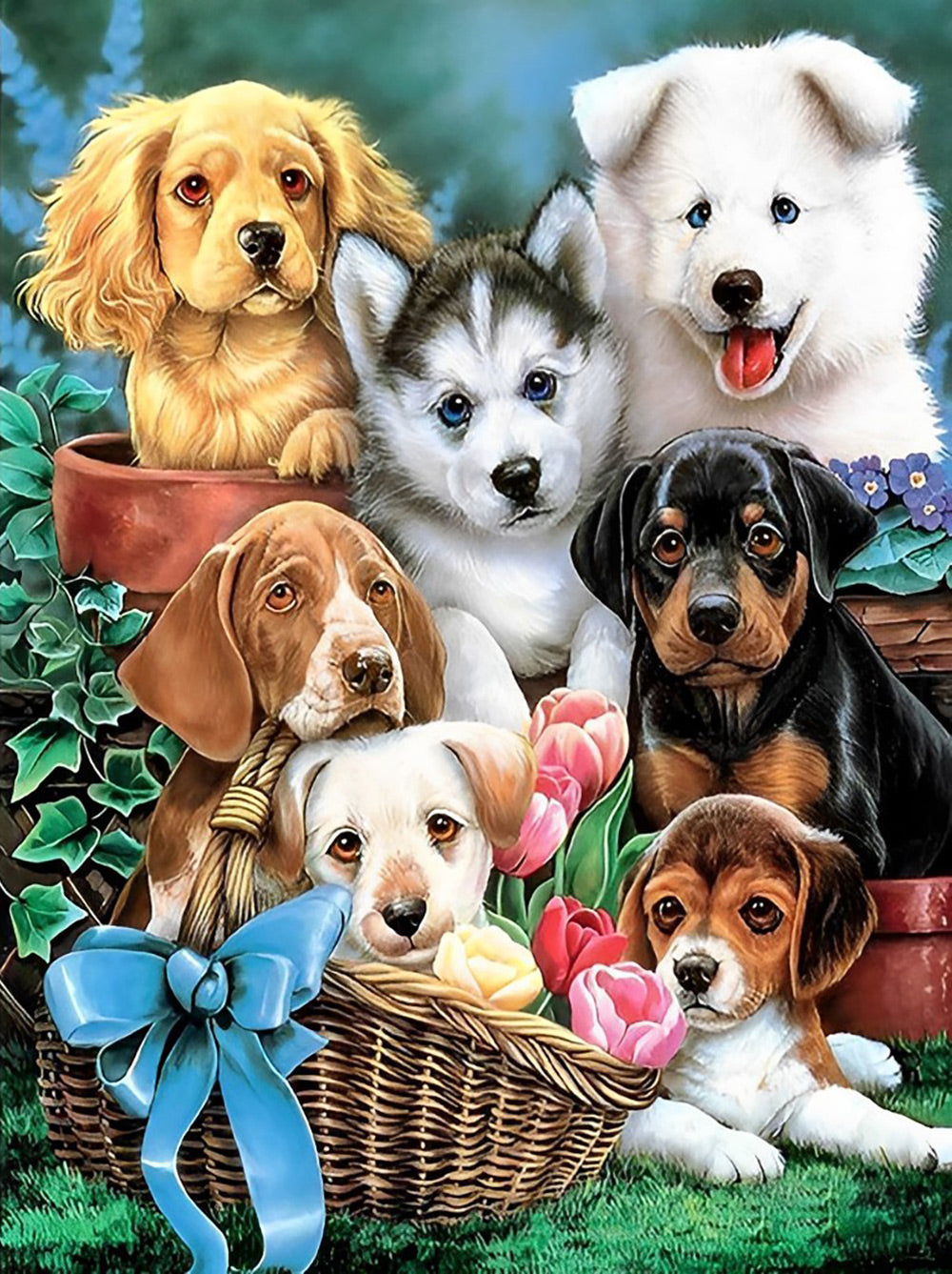 Honden in Manden en Potten Diamond Painting