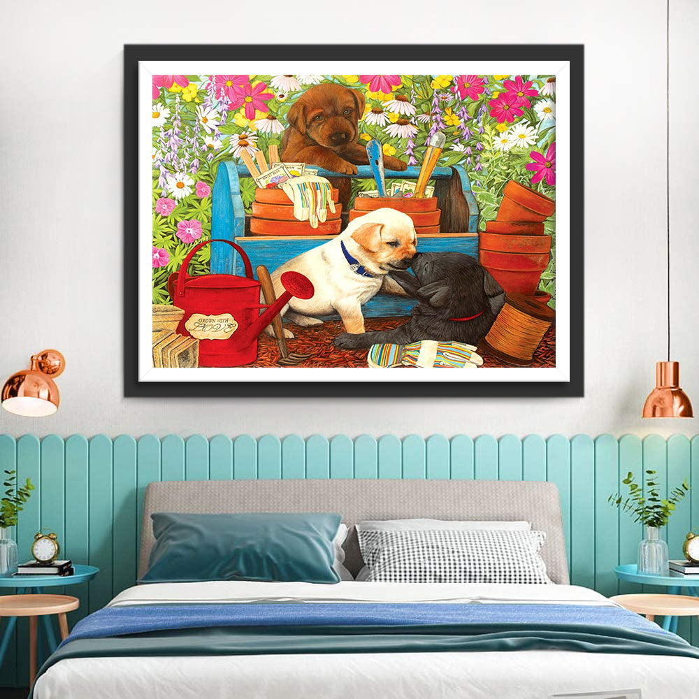 Honden Spelen in de Tuin Diamond Painting