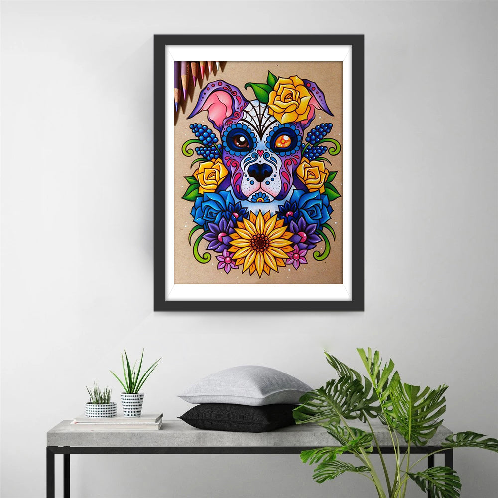 Hondenkop in Bloemen Diamond Painting