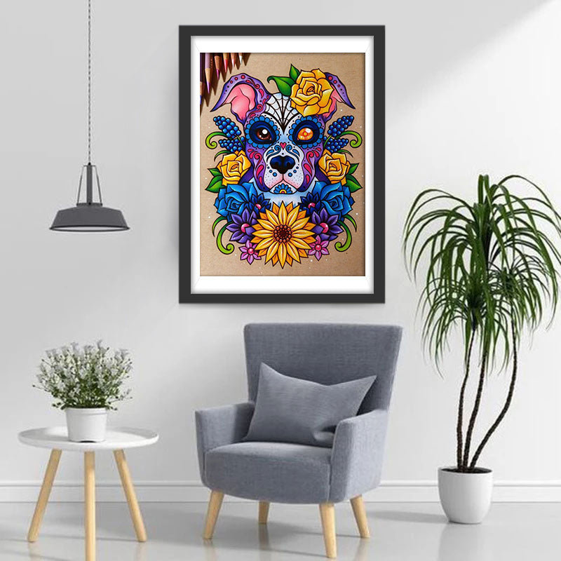 Hondenschedels en Blauwe Vruchten in Bloeiende Struiken Diamond Painting