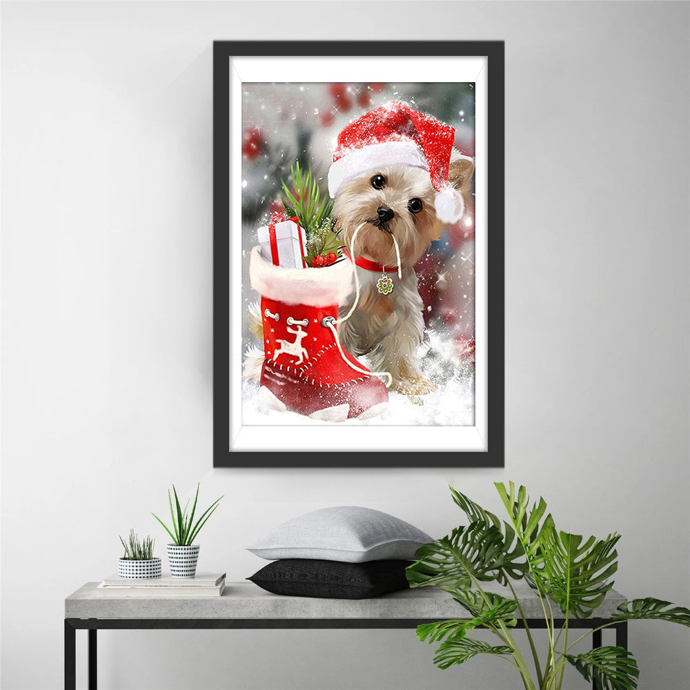 Hondje bij de Kerstkous in de Sneeuwval Diamond Painting