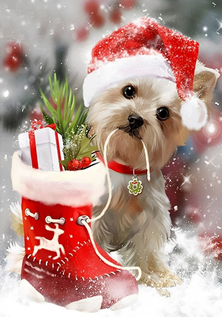 Hondje bij de Kerstkous in de Sneeuwval Diamond Painting