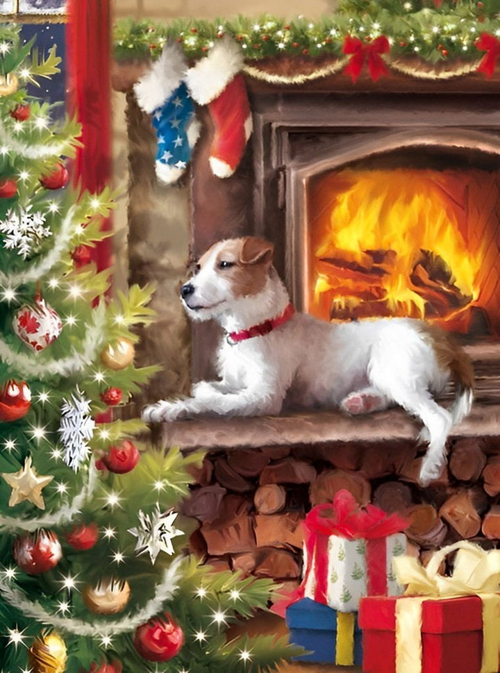 Hondje bij de Open Haard Diamond Painting