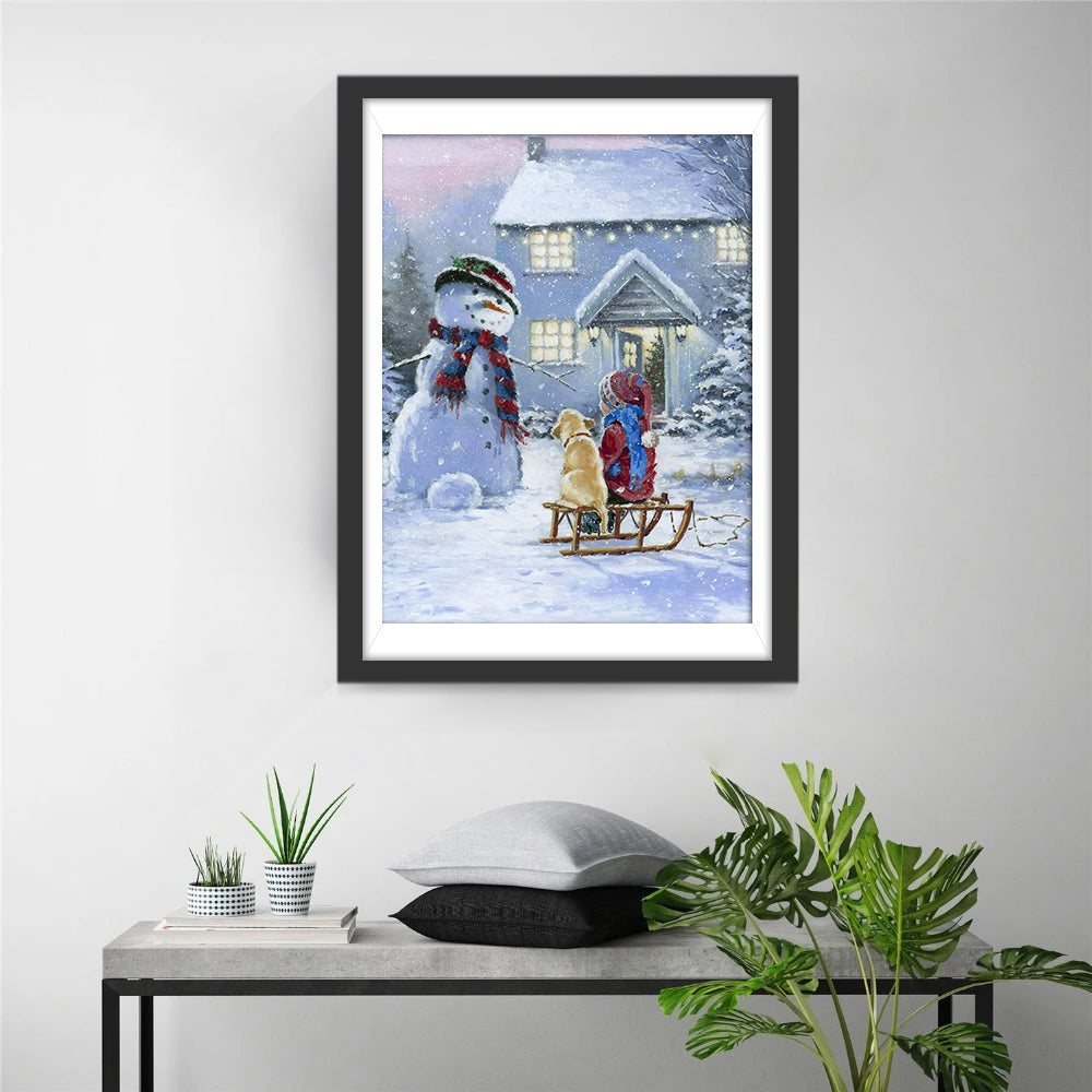 Hondje, Sneeuwpop en Slee Diamond Painting