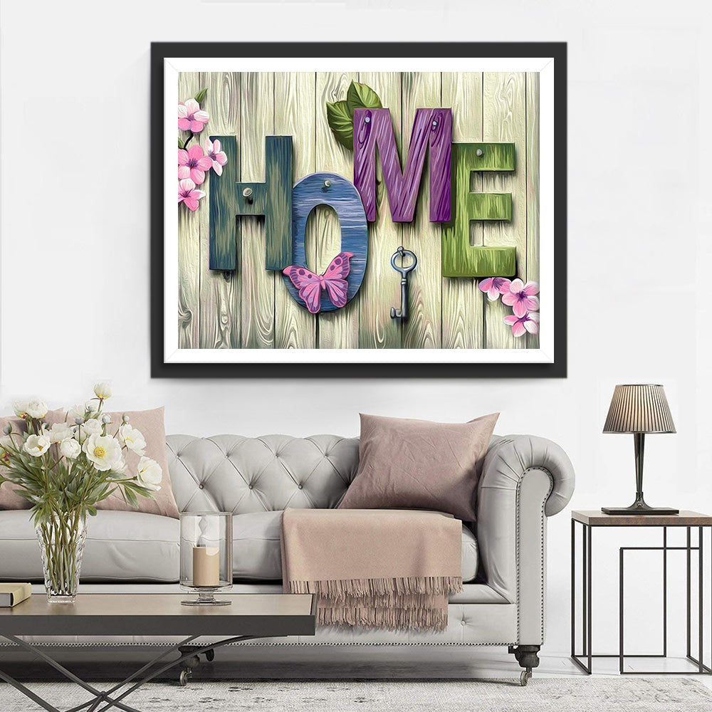 Houten 'HOME'-kunst met Bloemen en Sleutel Diamond Painting
