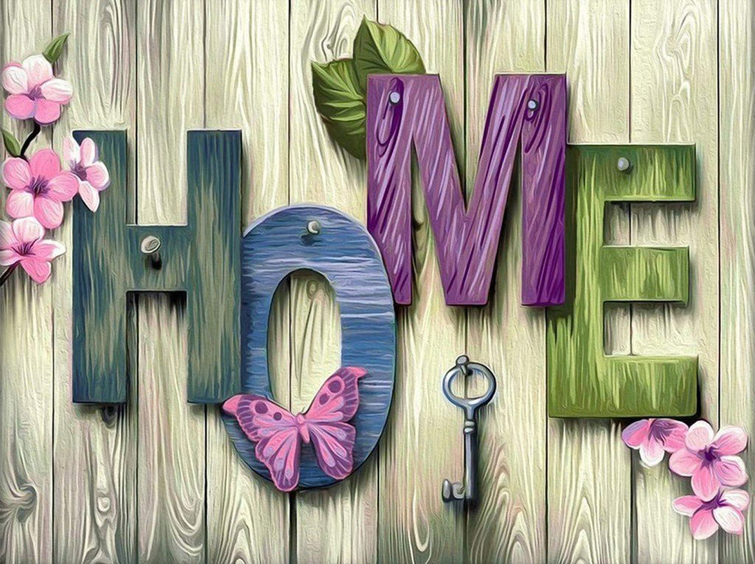 Houten 'HOME'-kunst met Bloemen en Sleutel Diamond Painting
