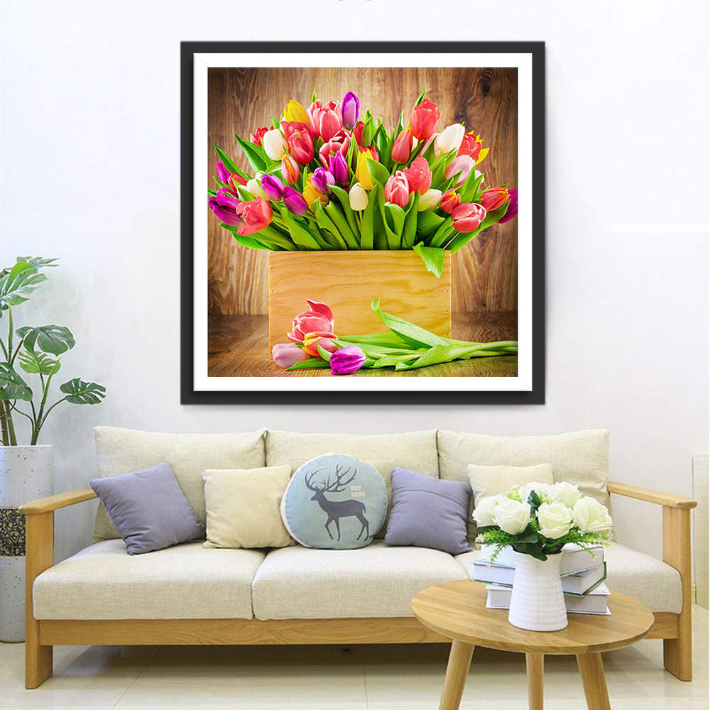 Houten Kist Vol Tulpenpracht Diamond Painting